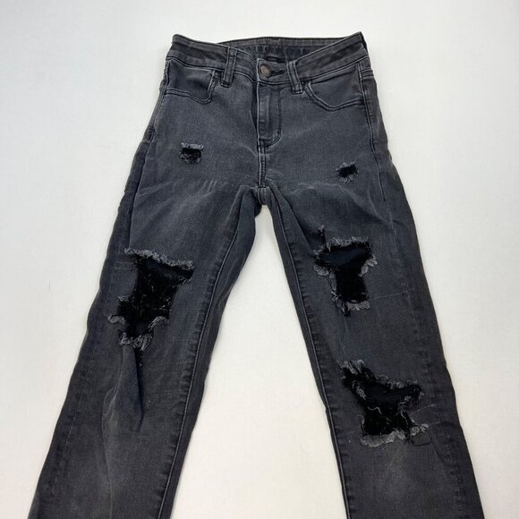 American Eagle Distress Skinny Jeans Charcoal Womens Size 0R Stretch - Picture 2 of 9